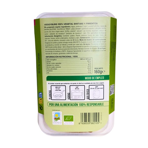 Hamburguesa (jardin bio) Shitake y Pimientos 100% vegetal Bio 160g AHIMSA-trasera