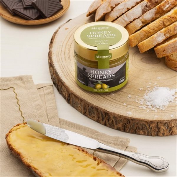 Honey Spreads, Extra virgin olive oil and honey cream, Alemany1879-lateral