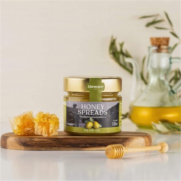 Honey Spreads, Extra virgin olive oil and honey cream, Alemany1879-trasera