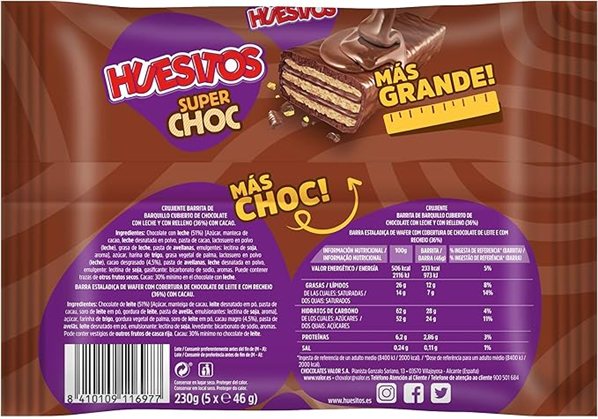 HUESITOS SUPER CHOC 5 UNID 230 GRS se traduce al francés como:

HUESITOS SUPER CHOC 5 UNITS 230 GRS. 

Nota: "HUESITOS" es el nombre de un producto específico y no se traduce.-lateral