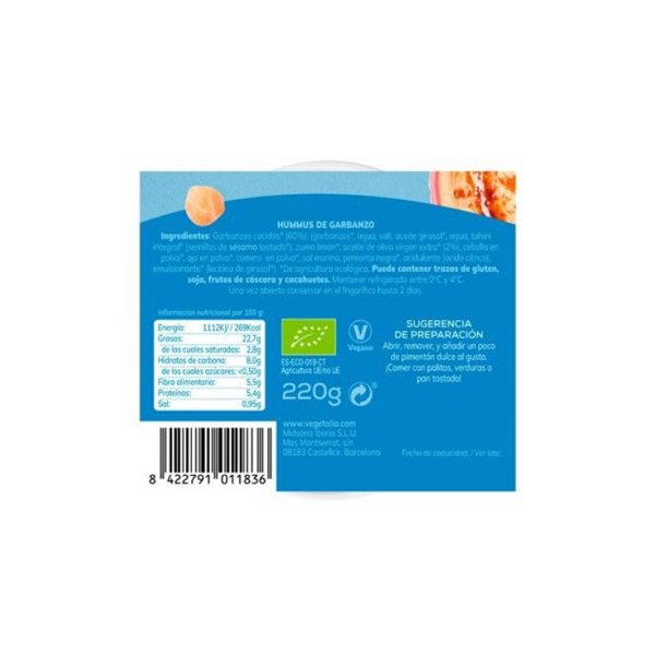 Fresh Organic Chickpea Hummus 220g Vegetalia-detalle