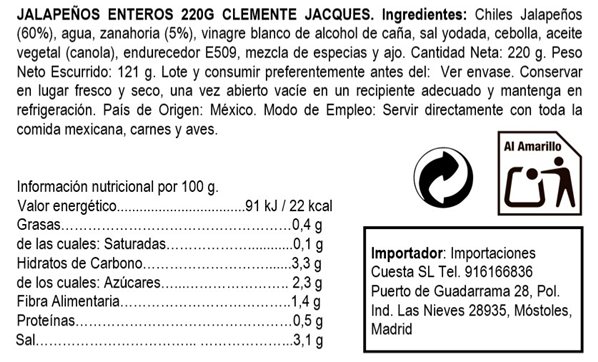 Whole Pickled Jalapeños Clemente Jacques 220g-trasera