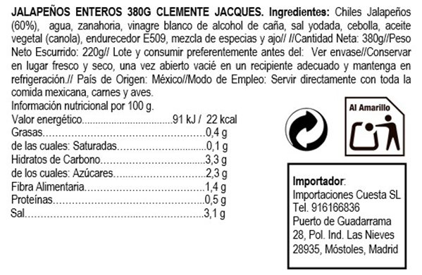 Clemente Jacques Whole Jalapeños in Pickling 380g-izquierda