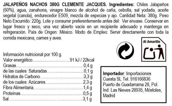 Jalapeños for nachos (sliced) Clemente Jacques 220g-izquierda