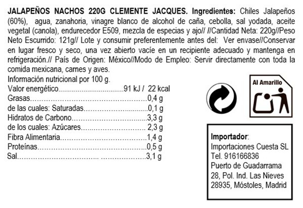 Jalapeños for nachos (sliced) Clemente Jacques 220g-trasera