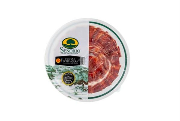 100% Iberian breed ham, black label, sliced, D.O.P. Dehesa de Extremadura, Señorío de Montanera-lateral