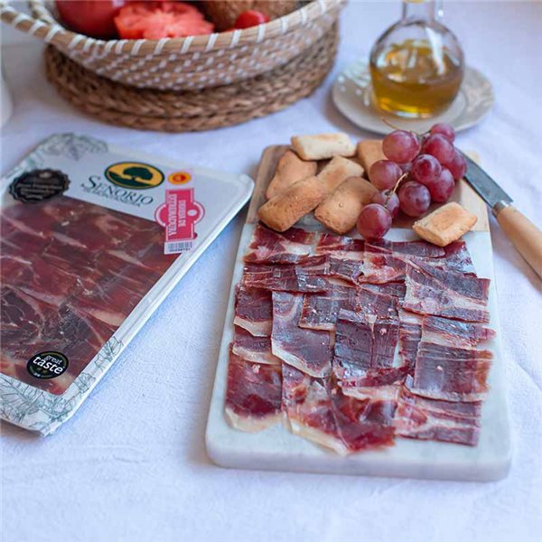 100% Iberian breed ham, black label, sliced, D.O.P. Dehesa de Extremadura, Señorío de Montanera-trasera