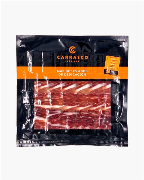 Jamón de bellota 50% Ibérico a cuchillo 100 g se traduce al alemán como:

„Eichel-Schinken 50% Iberico, handgeschnitten, 100 g“-trasera