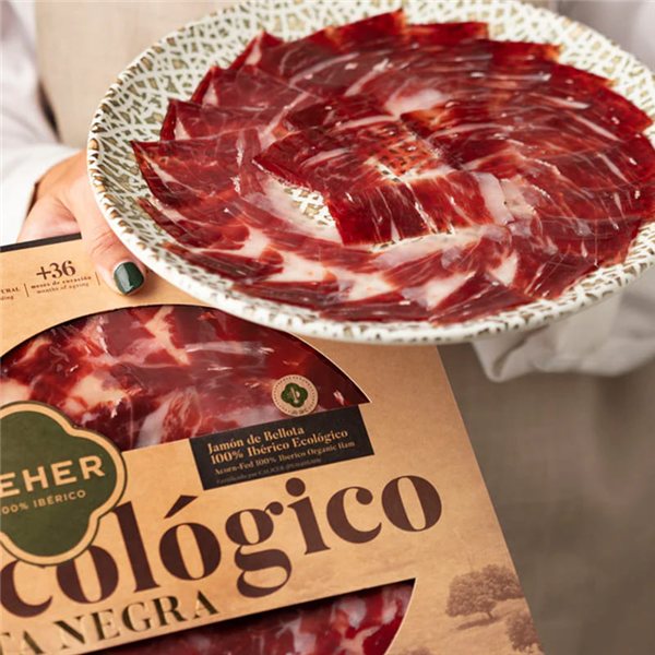 Jambon écologique 100% Ibérique Bellota Pata Negra tranché, Beher-izquierda