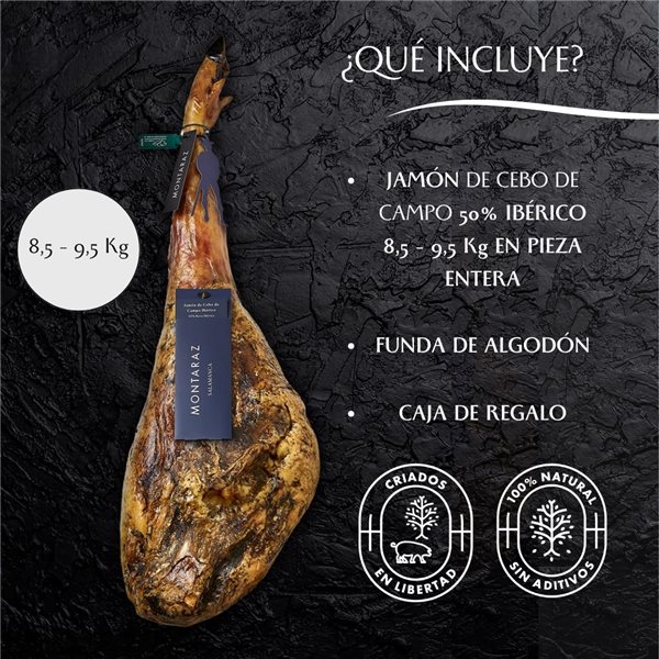 Jamón Ibérico 50% Raza Ibérica de Cebo de Campo Montaraz | Curación 24 Meses | Pieza Entera de 8,5-9,5 kg | Calidad Gourmet | Sin Aditivos ni Conservantes-lateral
