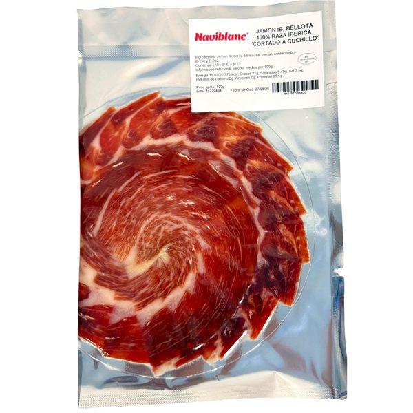 Jamón ibérico de bellota 100% loncheado a cuchillo Naviblanc (5 sobres emplatados de 100gr)-trasera