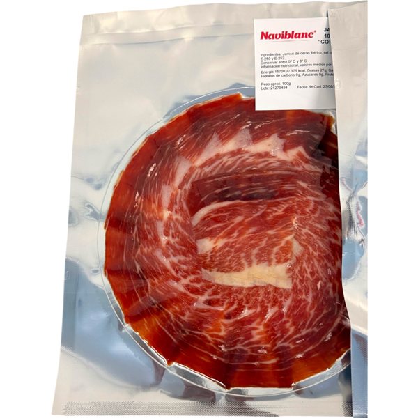 Jamón ibérico de bellota 100% loncheado a cuchillo Naviblanc (sobre emplatado 100gr)-detalle
