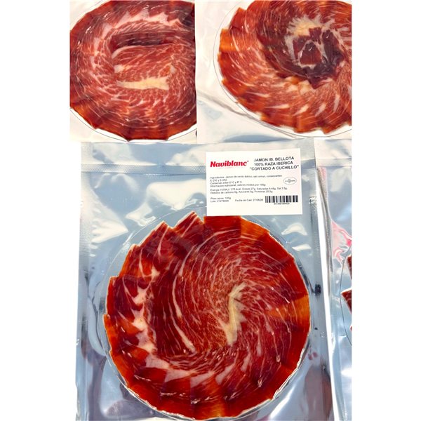 Jamón ibérico de bellota 100% loncheado a cuchillo Naviblanc (sobre emplatado 100gr)-izquierda