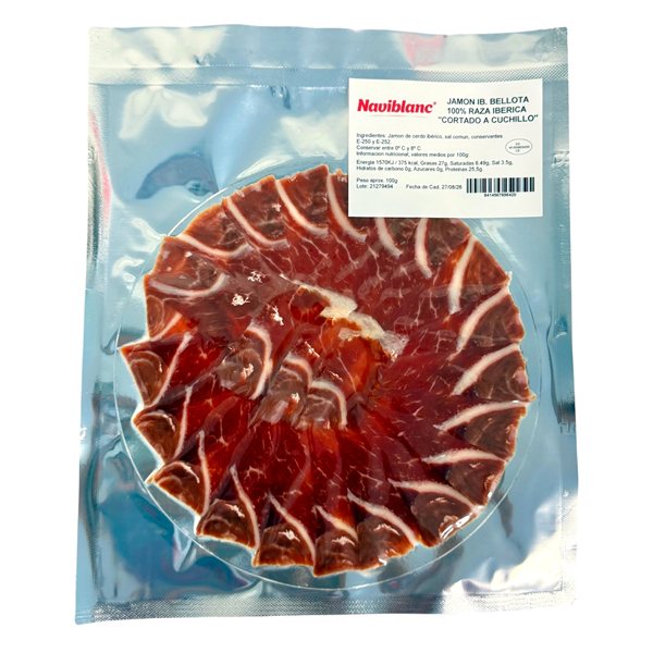 Jamón ibérico de bellota 100% loncheado a cuchillo Naviblanc (sobre emplatado 100gr)-trasera