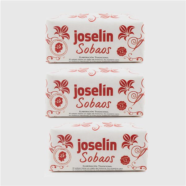 Joselín Sobao Mediano, élaboré avec de la margarine, emballé dans du papier paraffiné. Paquet de 12 sobaos (650 gr)-lateral