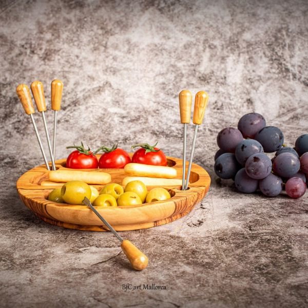 Juego platos aperitivo - madera de olivo artesanal-detalle