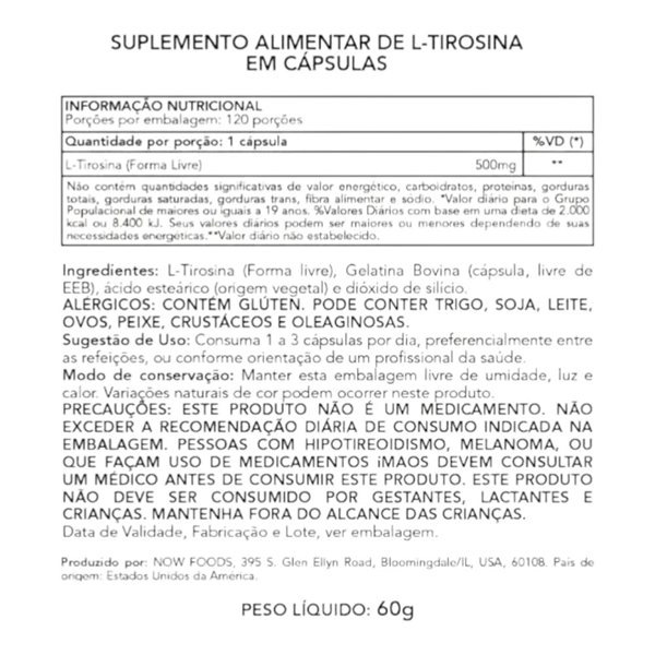 L-Tyrosine 500 Mg 120 Caps-detalle