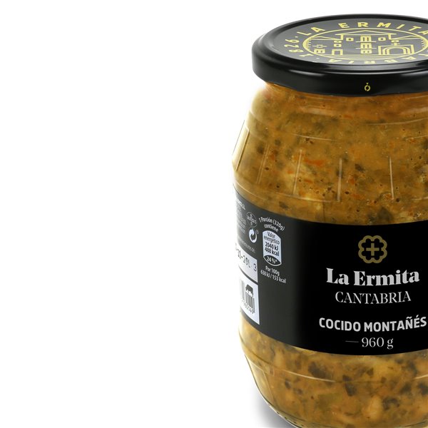 LA ERMITA Cocido Montañés Tradicional, Receta Cántabra con Alubias, Berza y Compango, Sin Gluten ni Alérgenos, Tarro de Vidrio 960 g-trasera