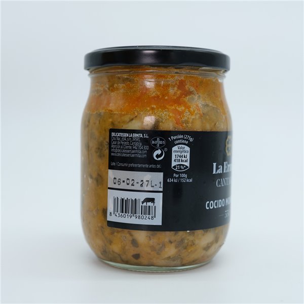 LA ERMITA Cocido Montañés Tradicional, Receta Cántabra con Alubias, Berza y Compango, Sin Gluten ni Alérgenos, Tarro de Vidrio 550 g-trasera