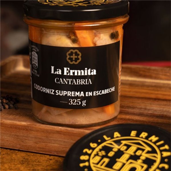 THE HERMITAGE Pickled Supreme Quail, Traditional Recipe with Olive Oil and Spices, Ready to Eat, Gluten Free, Preserved in a Glass Jar, Ideal for Appetizers and Salads 325 g-izquierda