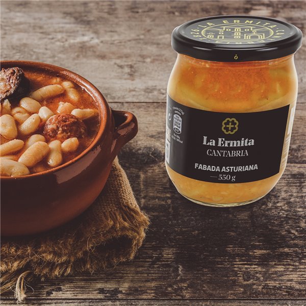 LA ERMITA Fabada Asturiana, Receta Tradicional con Fabes, Chorizo, Panceta y Morcilla, Sin Gluten, Conserva en Tarro de Vidrio, Lista para Calentar 550 g-izquierda