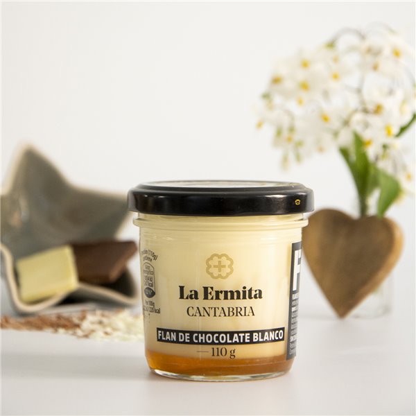 LA ERMITA Flan au chocolat blanc, dessert laitier artisanal avec lait, fromage et enrobage de chocolat blanc, sans gluten, 110 g-izquierda