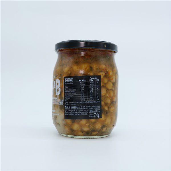 DIE EINSIEDLERIN Kichererbsen mit Spinat und Kabeljau, traditionelle kantabrische Suppe, authentisches Rezept, glutenfrei, steril konserviert im Glas, fertig zum Erwärmen, 550 g-lateral