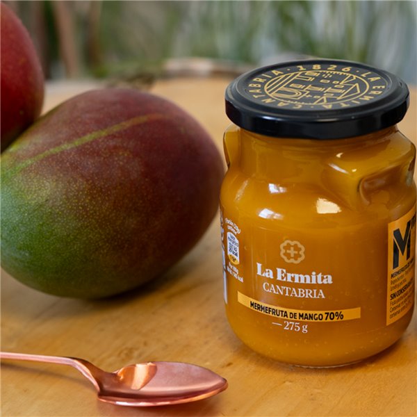 LA ERMITA Mermefruta de Mango, Dulce Intenso de Mango Natural, Sin Conservantes ni Colorantes, Ideal para Postres, Yogur y Tostadas, Tarro de vidrio, 275 g-izquierda