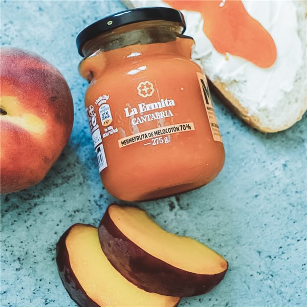 LA ERMITA MermeFruta de Melocotón, Compota Estilo Mermelada con 70% Fruta, Sabor Natural y Sin Conservantes, Tarro de Vidrio 275 g-izquierda