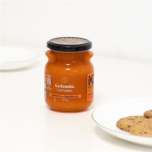 LA ERMITA MermeFruta de Zanahoria, Compota Dulce con 65% Verdura, Toque de Limón, Sin Gluten ni Conservantes, Tarro de Vidrio 275 g-izquierda