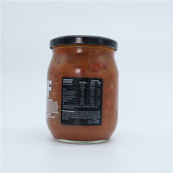 LA ERMITA Olla Ferroviaria de Alubias Rojas, Guiso Tradicional del Norte, Con Panceta, Morcilla y Chorizo, Receta Auténtica, Sin Gluten, Conserva Estéril en Tarro de Vidrio, Listo para Calentar, 550g-lateral