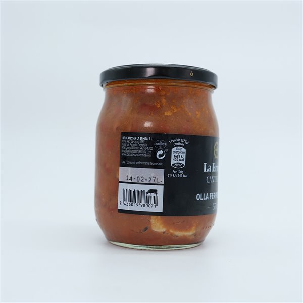 LA ERMITA Olla Ferroviaria de Alubias Rojas, Guiso Tradicional del Norte, Con Panceta, Morcilla y Chorizo, Receta Auténtica, Sin Gluten, Conserva Estéril en Tarro de Vidrio, Listo para Calentar, 550g-trasera