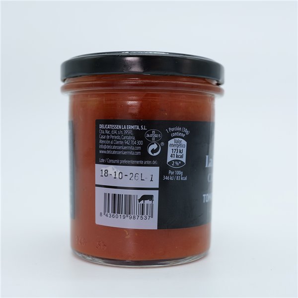 LA ERMITA Salsa de Tomate, Con 80% Tomate Natural, Cebolla, Ajo y Aceite de Oliva, Sin Conservantes ni Gluten, Tarro de Vidrio 300 g-trasera