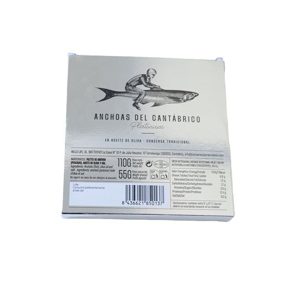 LA MAR SALADA, Serie Platinum Anchoa del Cantábrico, Elaborada en Santoña, en Aceite de Oliva, Lata de 110 grs de 12 filetes-izquierda