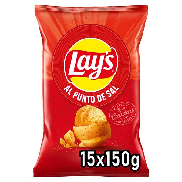 LAY’S Chips de Pommes de Terre Salées pour Apéritif et Consommation Quotidienne, Sacs Individuels de 150 g, Pack de 15 (Avec ou Sans Cadeau)-detalle