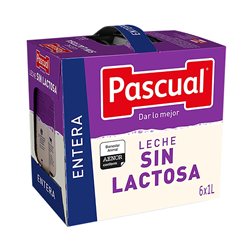 Leche entera UHT SIN LACTOSA de Pascual. Pack 6 briks de 1 Litro. ENVÍOS SÓLO A LA COMUNIDAD DE MADRID.