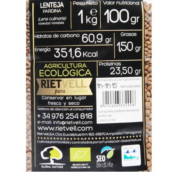 Lentejas pardina BIO 1kg - Riet vell-detalle