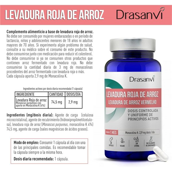 Levadura roja arroz 2.9mg monacolina bote 30 caps nutrabasicos Drasanvi-detalle