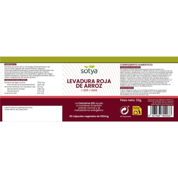 Levure de riz rouge + Q10 + DHA 550mg 60 capsules Sotya-trasera