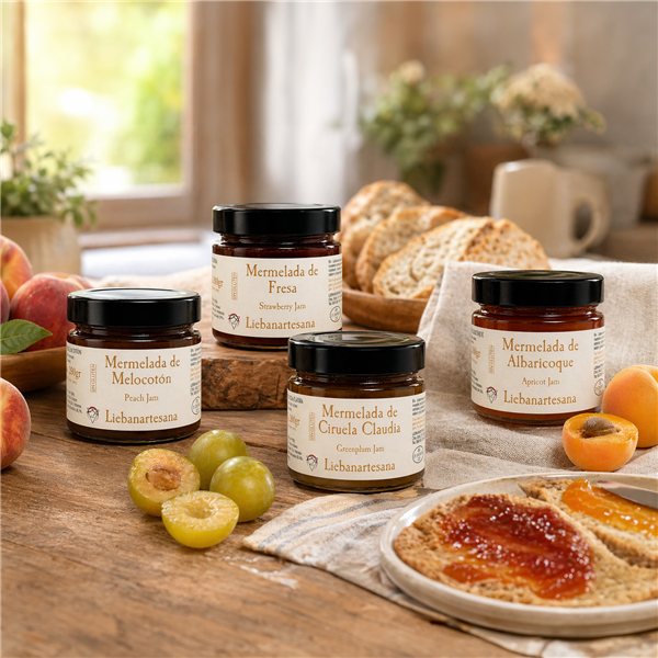 LIEBANARTESANA – Handgemachte Marmeladen 280 g | Geschmäcker Erdbeere, Pfirsich, Pflaume und Aprikose | Natürliche Herstellung | Produkt aus Kantabrien | Packung 4 Einheiten-detalle