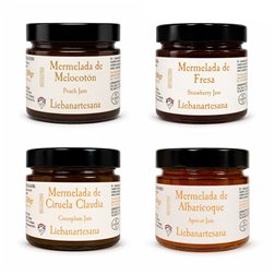 LIEBANARTESANA – Handgemachte Marmeladen 280 g | Geschmäcker Erdbeere, Pfirsich, Pflaume und Aprikose | Natürliche Herstellung | Produkt aus Kantabrien | Packung 4 Einheiten
