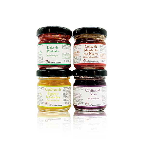 LIEBANARTESANA - Special Pack to Accompany Cheeses Pack 4x45g | Wine Jam + Sweet Pepper Jam + Quince Cream with Walnuts + Lemon and Ginger Jam | Natural and Traditional from Cantabria.-lateral