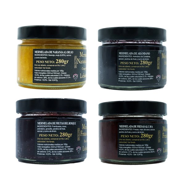 LIEBANARTESANA - Pack de confitures artisanales 4x280g | Myrtilles de Cantabrie + Fraises au Cava + Fruits des bois + Orange à l'Orujo | Naturel et traditionnel de Cantabrie-detalle