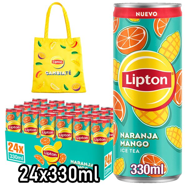 LIPTON Ice Tea Orange Mangue, Boisson Rafraîchissante de Thé Noir Sans Gaz avec Jus de Fruits, Pack de 24 x 330 ml (avec ou sans cadeau)-detalle