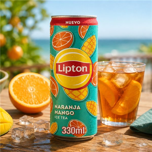 LIPTON Ice Tea Orange Mangue, Boisson Rafraîchissante de Thé Noir Sans Gaz avec Jus de Fruits, Pack de 24 x 330 ml (avec ou sans cadeau)-izquierda