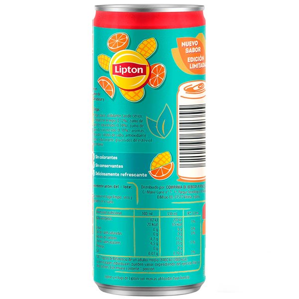 LIPTON Ice Tea Orange Mangue, Boisson Rafraîchissante de Thé Noir Sans Gaz avec Jus de Fruits, Pack de 24 x 330 ml (avec ou sans cadeau)-trasera