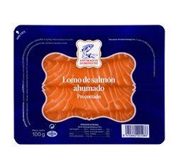 Voici la traduction en français :"Filet de Saumon Fumé Pré-découpé – Qualité Gourmet Fumés Dominguez"
