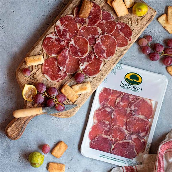 Lomo doblado de bellota 100% ibérico, loncheado, Señorio de Montanera-izquierda