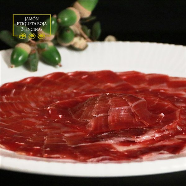Loncheados de JAMÓN IBÉRICO 2 Encinas (cebo campo) 0.5 kg en 5 sobres de 100g.-lateral