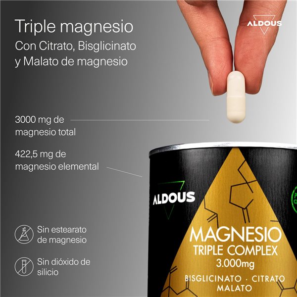 Complexe de Magnésium Triple - 3000 mg de Magnésium - Bisglycinate, Citrate et Malate de Magnésium - 200 Capsules - Aldous-detalle